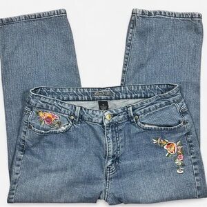 Vintage Y2K Kikit Cotton Low rise Floral Embroidered Blue Jeans Capri Women’s 10